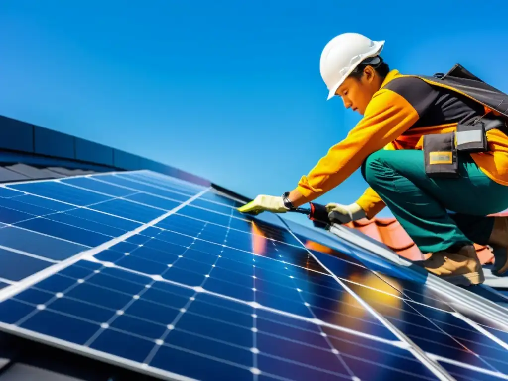 Instalación de panel solar asiático de última generación en un techo moderno, con tecnología avanzada y colores vibrantes