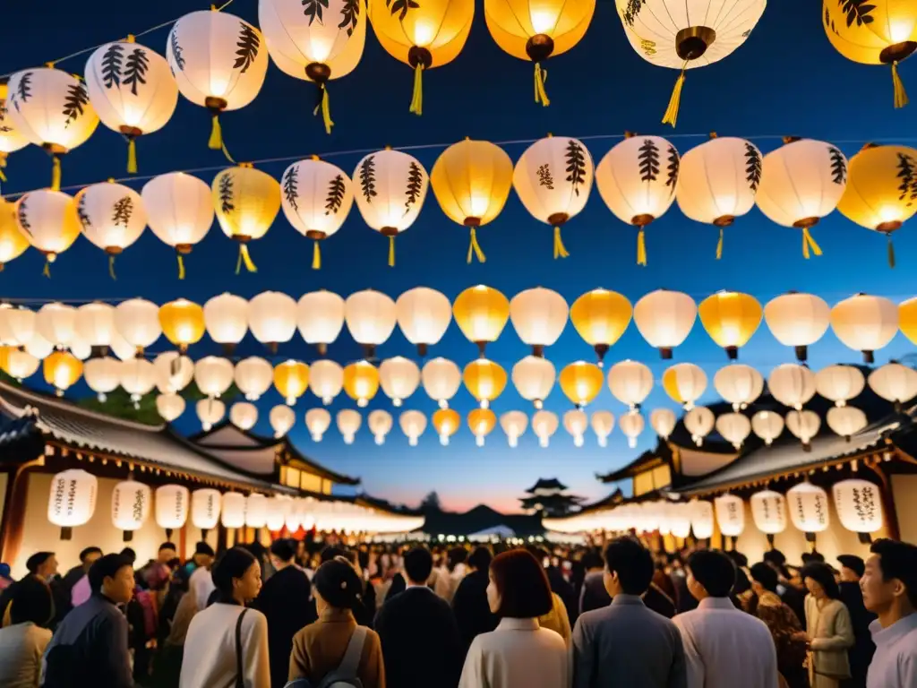 Instalaciones luminosas en Asia: Una festividad japonesa con faroles de papel iluminando las calles, creando una atmósfera mágica y serena