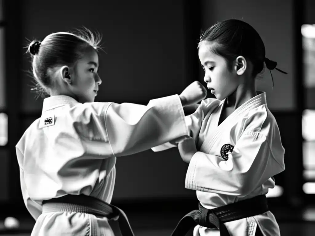 Un instructor de karate guía a su alumno en movimientos precisos y elegantes en un dojo soleado, capturando la determinación y disciplina requeridas en la práctica de artes marciales