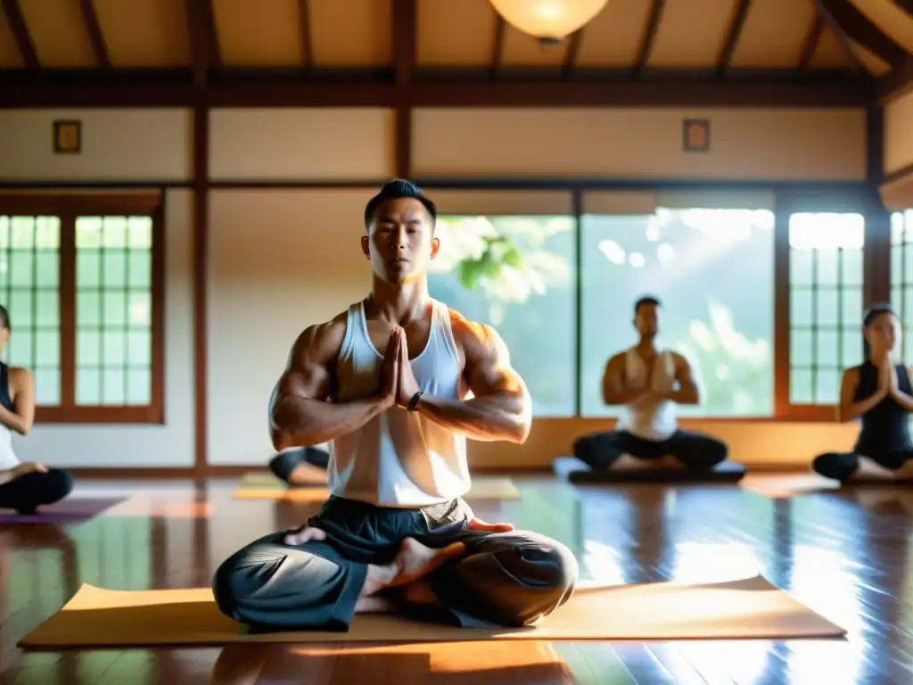 El instructor de artes marciales integra asanas en yoga marcial, mostrando fuerza, flexibilidad y concentración