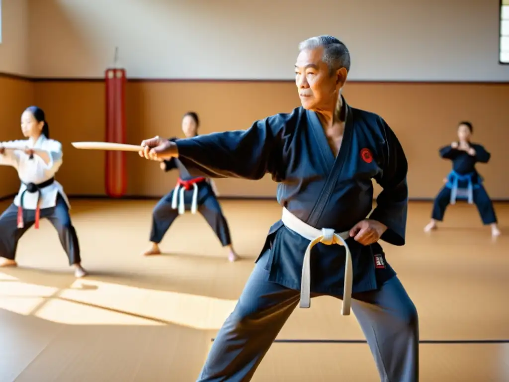 Un instructor de artes marciales guía a un grupo diverso en movimientos suaves en un estudio soleado, transmitiendo compasión y apoyo