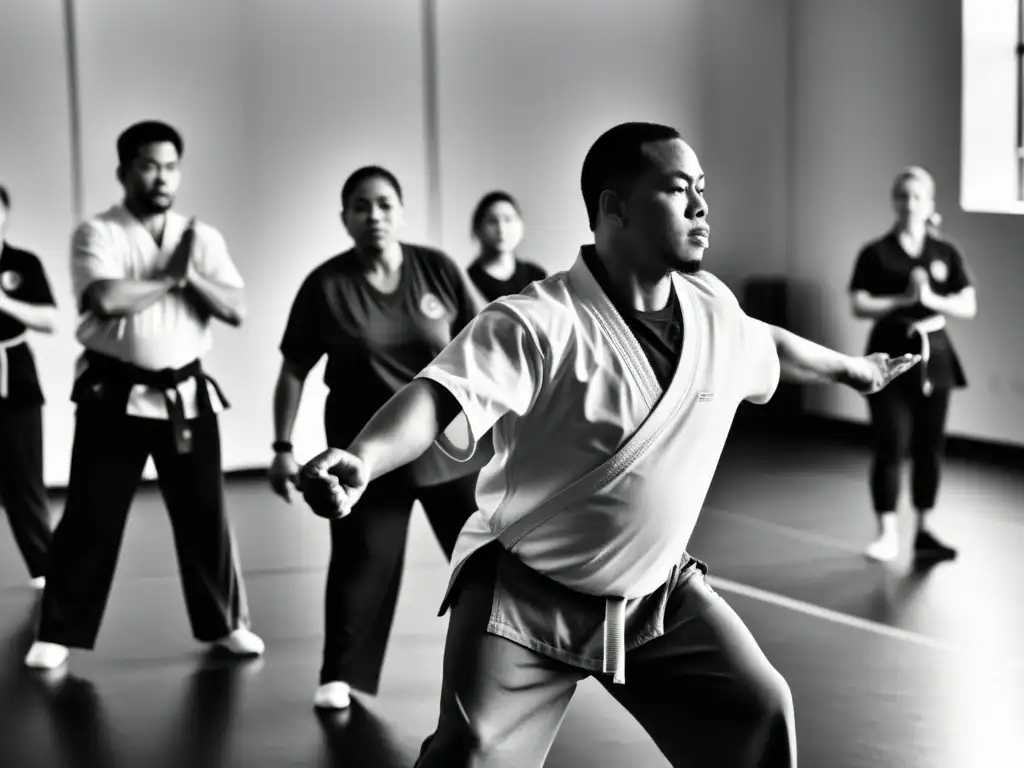 Un instructor de artes marciales guía a un grupo con discapacidades físicas en movimientos cuidadosamente coreografiados en un estudio luminoso