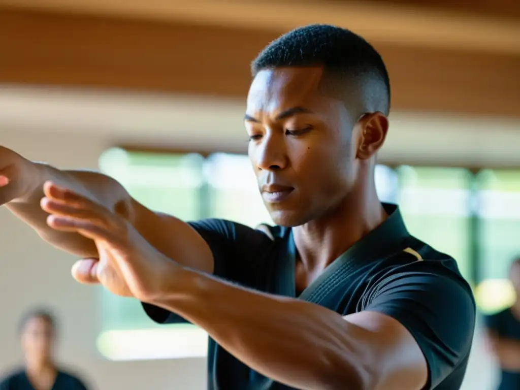 Un instructor de artes marciales guía a un grupo en movimientos conscientes en un estudio sereno y empoderador