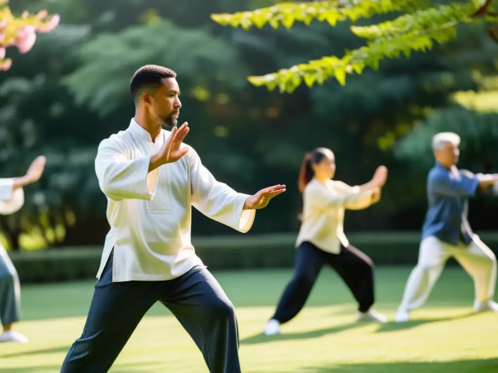 Un instructor de artes marciales guía a un grupo en Tai Chi en un jardín sereno, con expresiones de paz interior