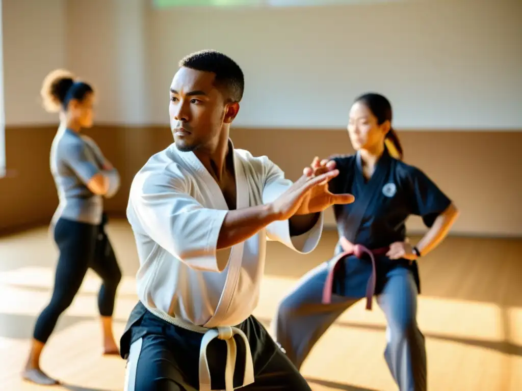 Un instructor de artes marciales guía a un grupo diverso en movimientos terapéuticos en un estudio sereno