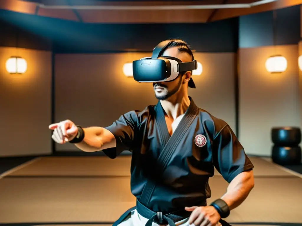 Un instructor de artes marciales usa realidad virtual para enseñar técnicas en un dojo virtual