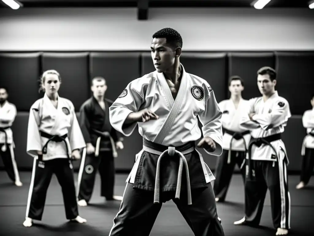 Instructor de artes marciales demuestra técnicas defensivas en un dojo, estudiantes practican con dedicación