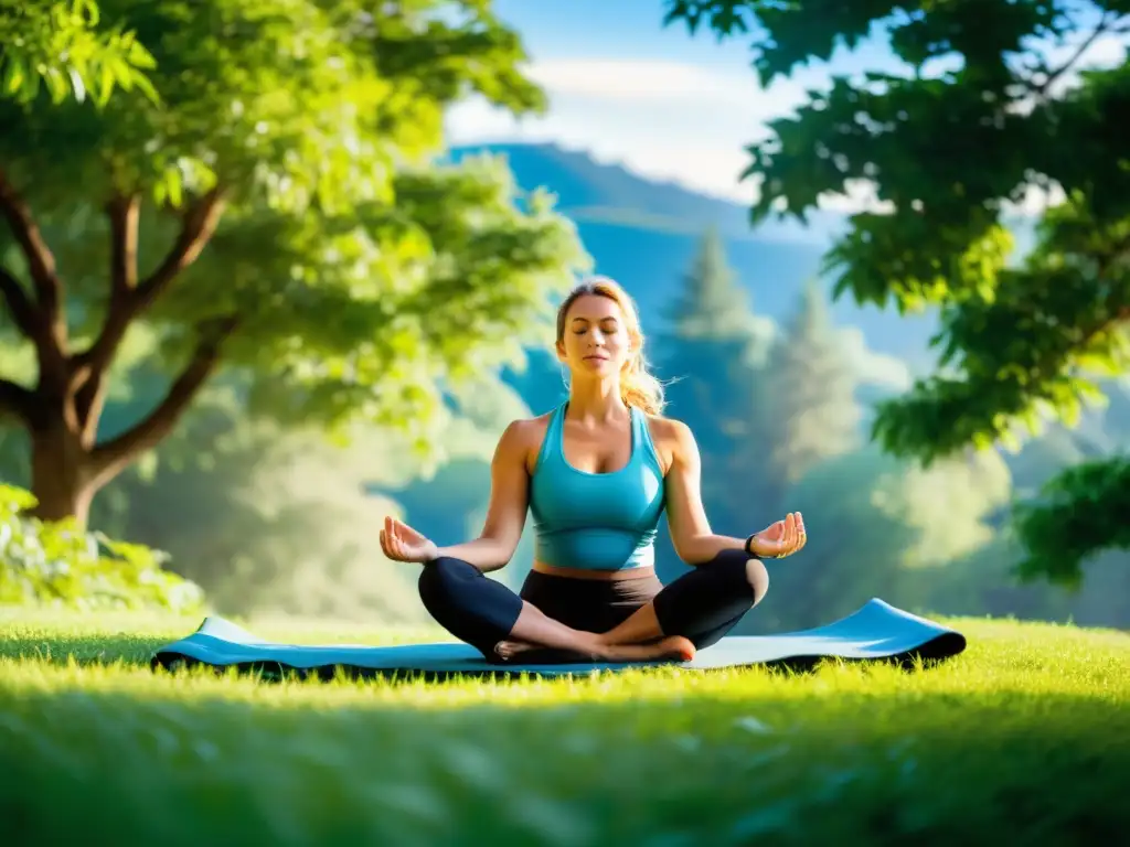 Un instructor de yoga transmite calma en una colina verde mientras guía una clase