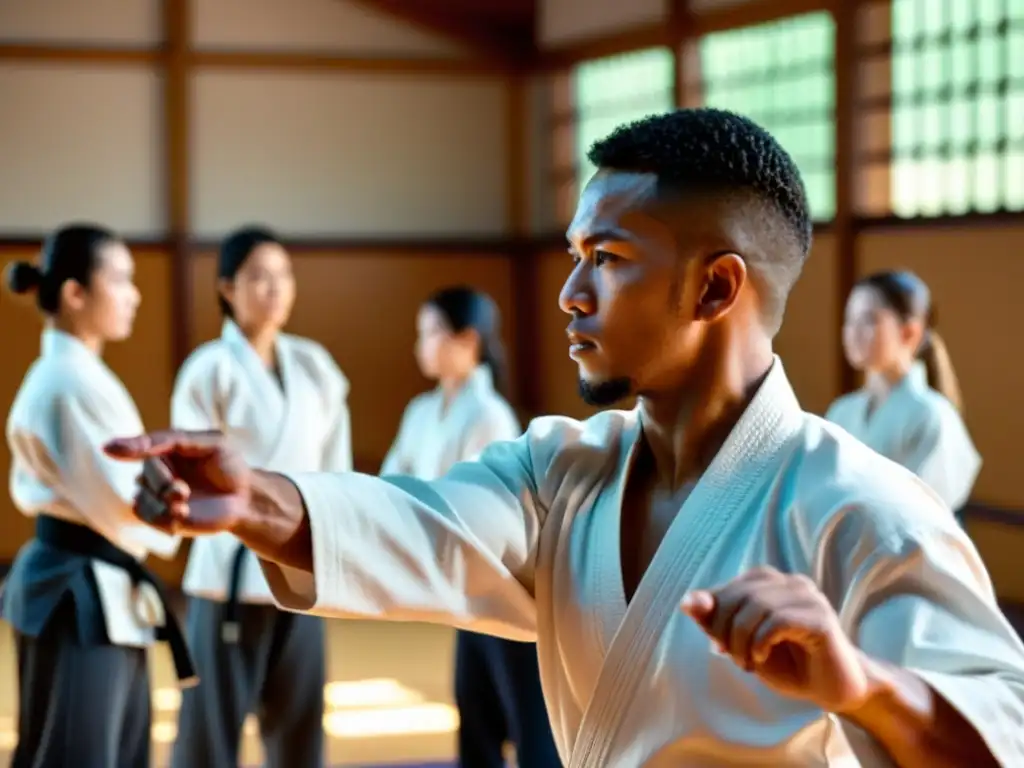 Un instructor guía a estudiantes en movimientos precisos de artes marciales con determinación