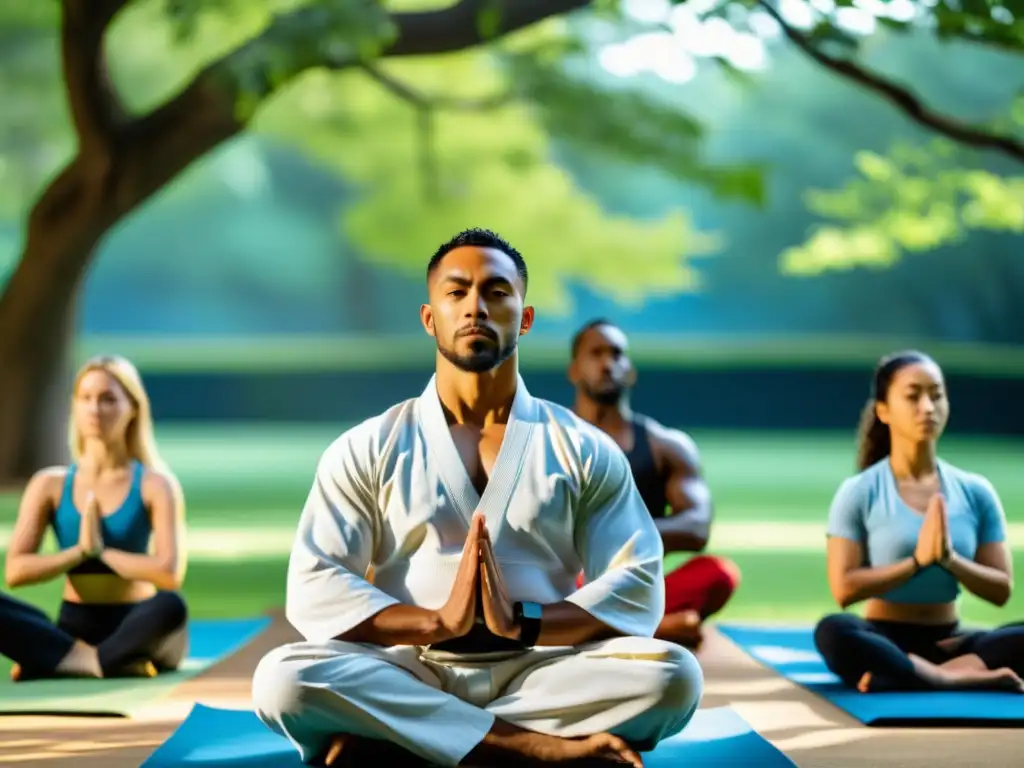 El instructor de yoga marcial guía a sus estudiantes en una sesión al aire libre, integrando asanas en un escenario sereno y natural