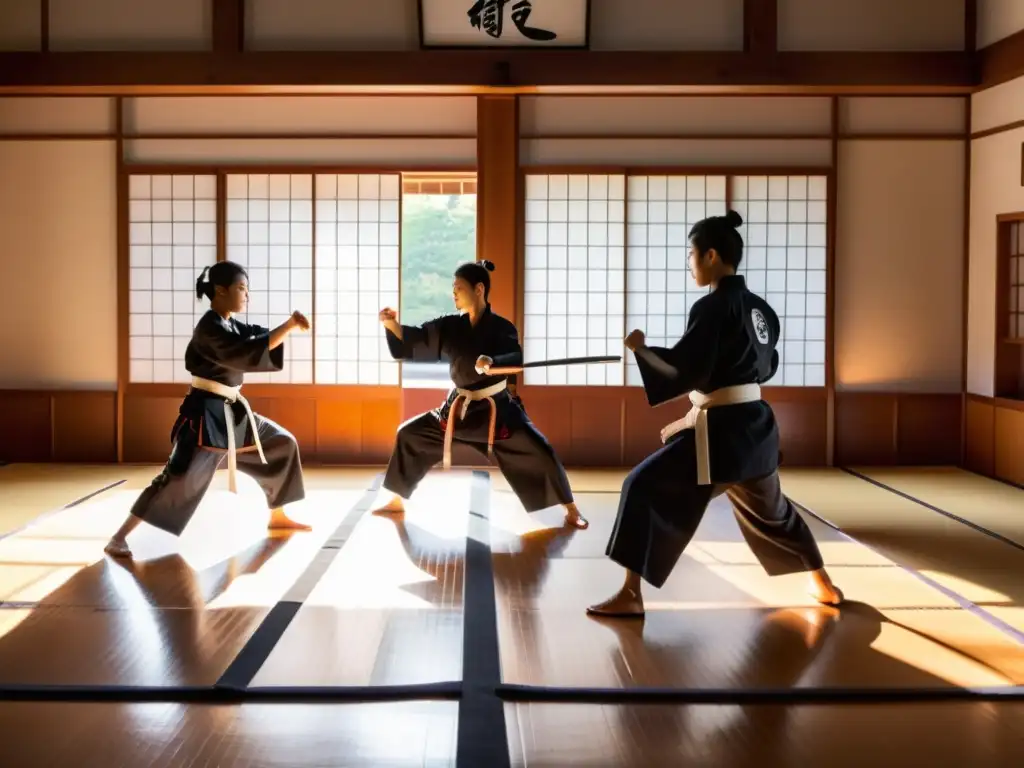 Instructor y estudiantes practican Shorinji Kempo en un dojo tradicional, con luz matutina que crea sombras dramáticas en el suelo de madera