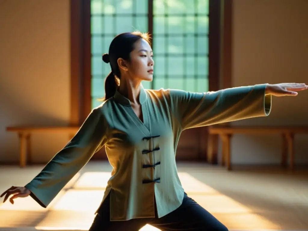 Un instructor experimentado de Tai Chi realiza graciosamente movimientos precisos en un estudio tranquilo y soleado