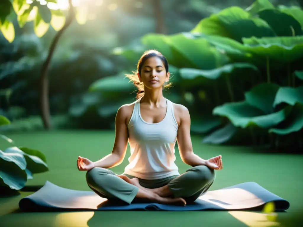 Un instructor de yoga en posición de loto guiando una clase en medio de exuberante vegetación, con la suave luz del amanecer