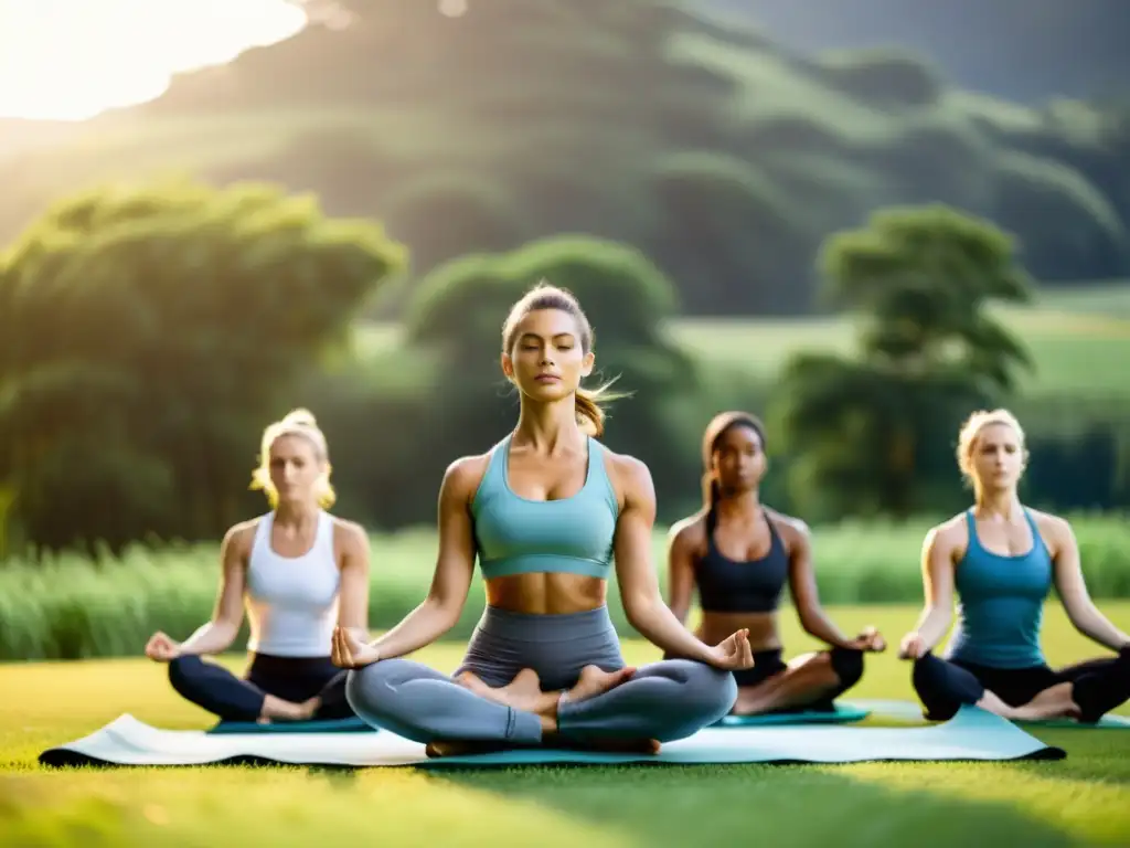 Un instructor profesional de yoga guía a atletas en poses dinámicas en un campo verde, con el sol de la mañana iluminando sus expresiones enfocadas