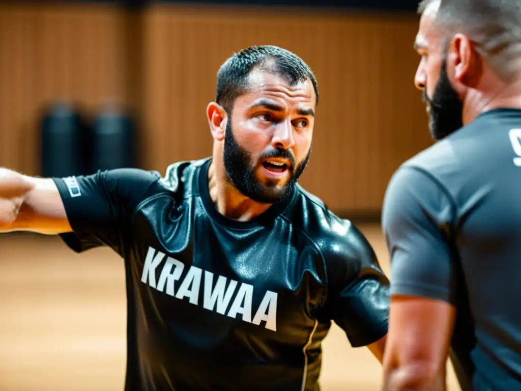 Un instructor de Krav Magá muestra determinación y técnica defensiva