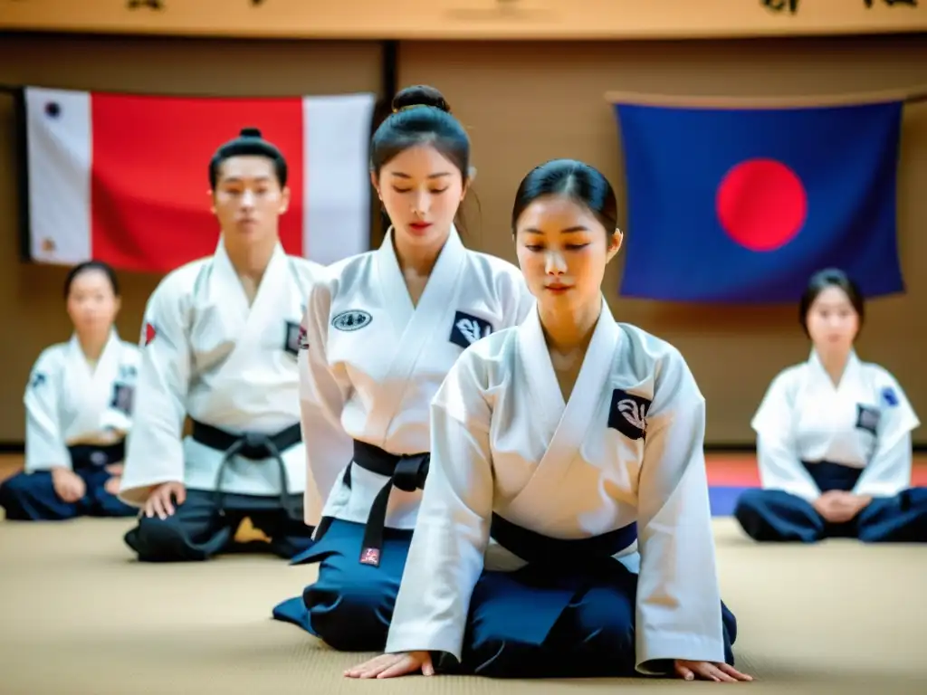 Un instructor muestra una técnica de hapkido en un dojang tradicional coreano, rodeado de estudiantes en uniformes blancos