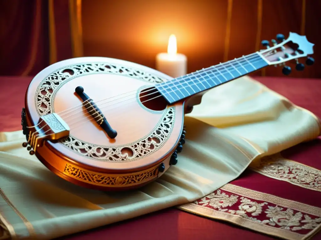 Instrumento sitar tallado junto a seda vibrante, iluminado por luz de velas, reflejando la influencia del Hinduismo en la música india