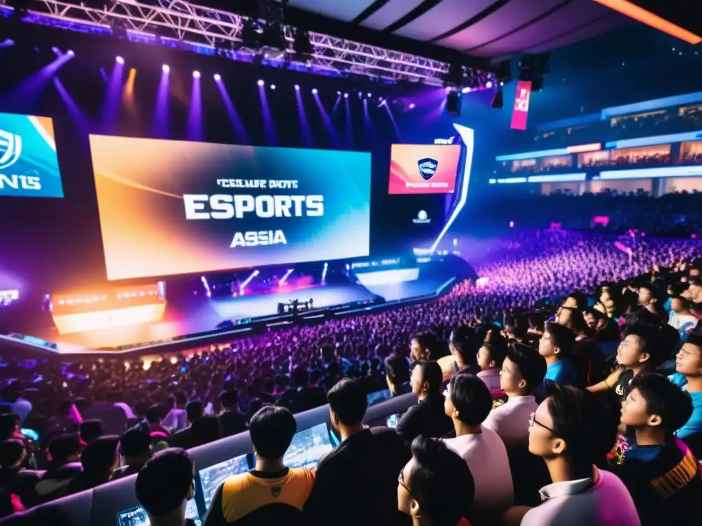 Integración de los eSports en la Cultura Asiática: Una arena llena de fans entusiastas animando a los jugadores bajo luces brillantes