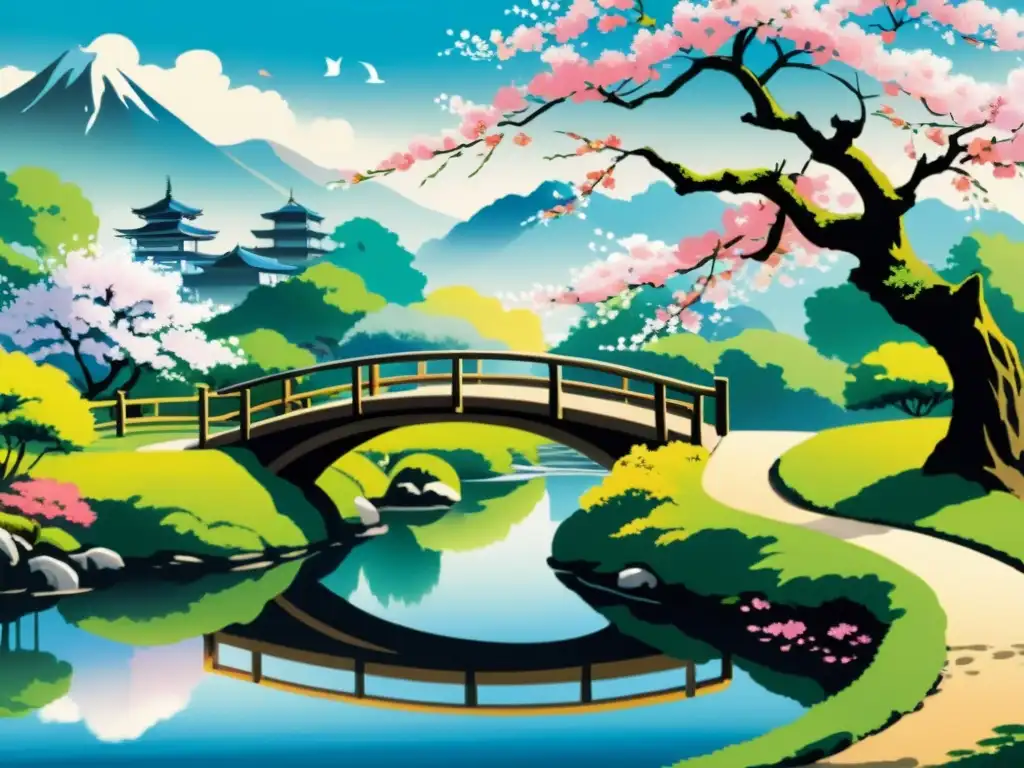 Integración de haiku y arte visual Japón: Pintura japonesa de paisaje sereno con puente arqueado y cerezos en flor