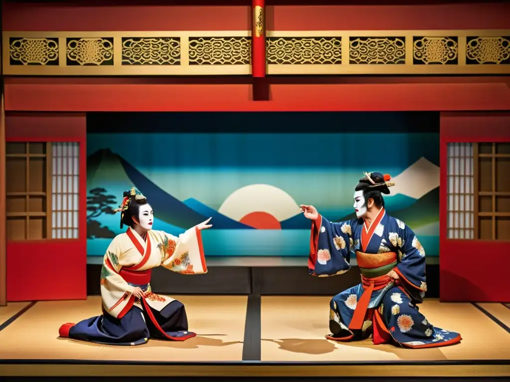 Intensa actuación de Kabuki con vestuarios vibrantes y escenografía detallada