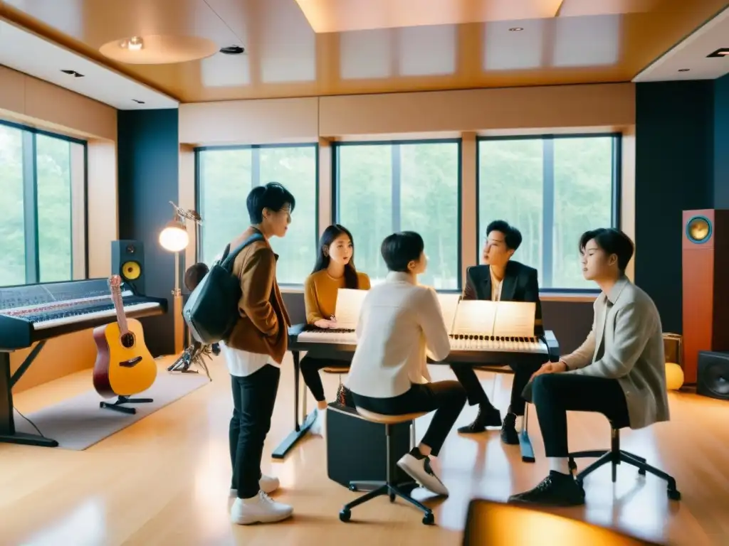 Intensa colaboración artística entre artistas KPop y Occidente en estudio de grabación, con instrumentos y partituras