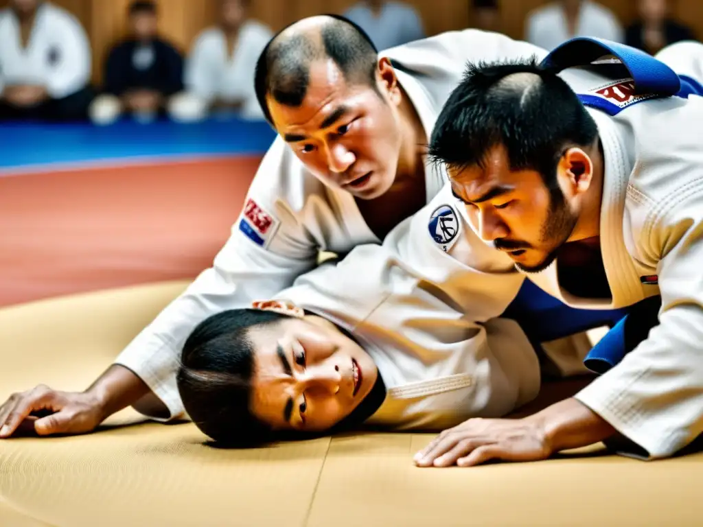 Intensa competición de judo en detalle, mostrando la evolución del judo en competiciones con habilidad y emoción en la arena llena de espectadores