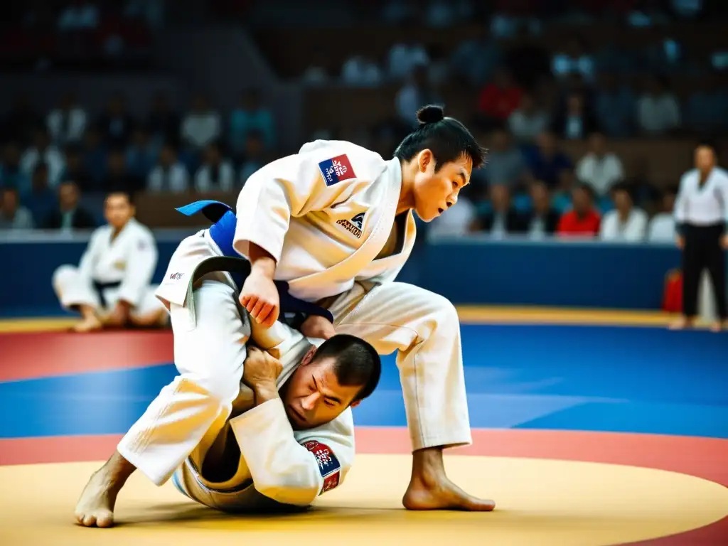 Intensa competición de judo en una moderna arena, mostrando la evolución del judo en competiciones con técnicas dinámicas y atletas enfocados