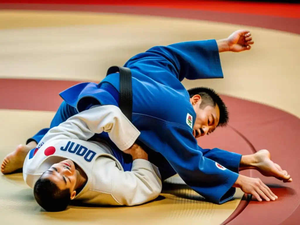 Intensa competición de judo olímpico, evolución del judo en competiciones con atletas concentrados en el tatami, vistiendo judogis blancos y azules, destacando los anillos olímpicos en el fondo