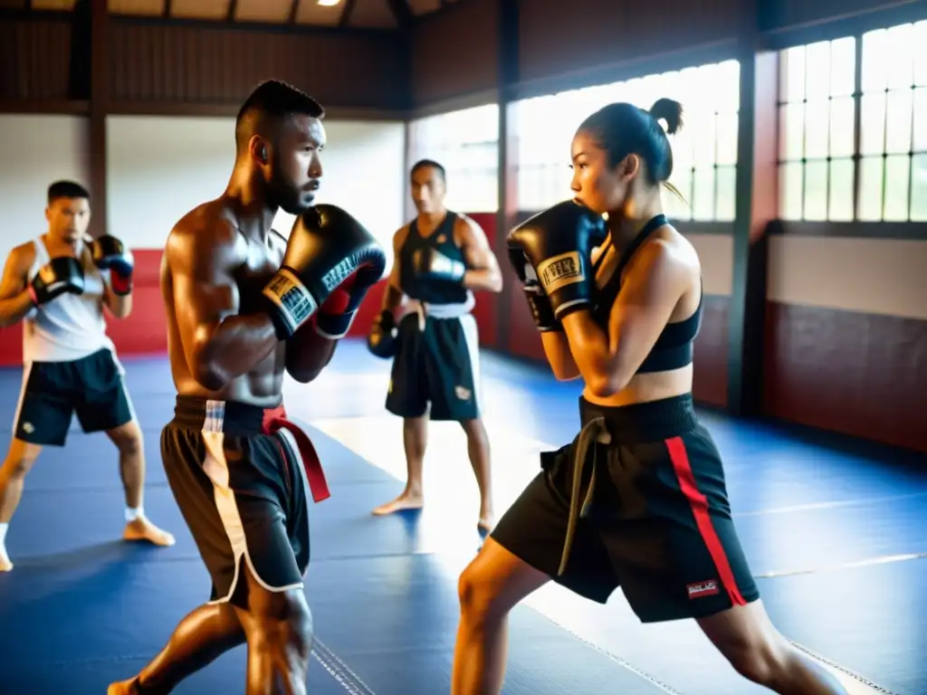 Práctica intensa de kickboxing en dojo tradicional