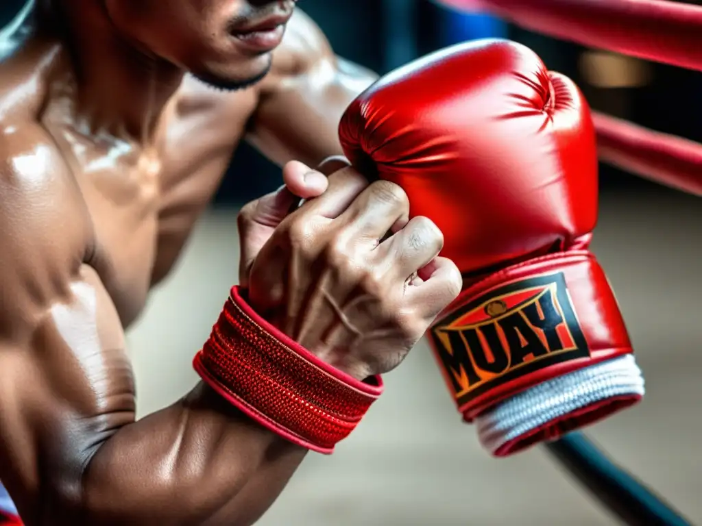 Preparación intensa de Muay Thai con vendas rojas, reflejando determinación y enfoque para el entrenamiento de Muay Thai para fitness