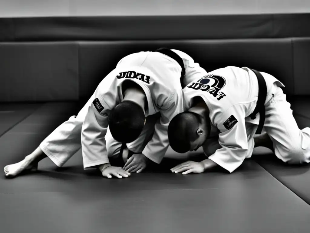 Intensa concentración de practicantes de judo en el dojo, capturando la esencia de la Revolución del pensamiento marcial japonés