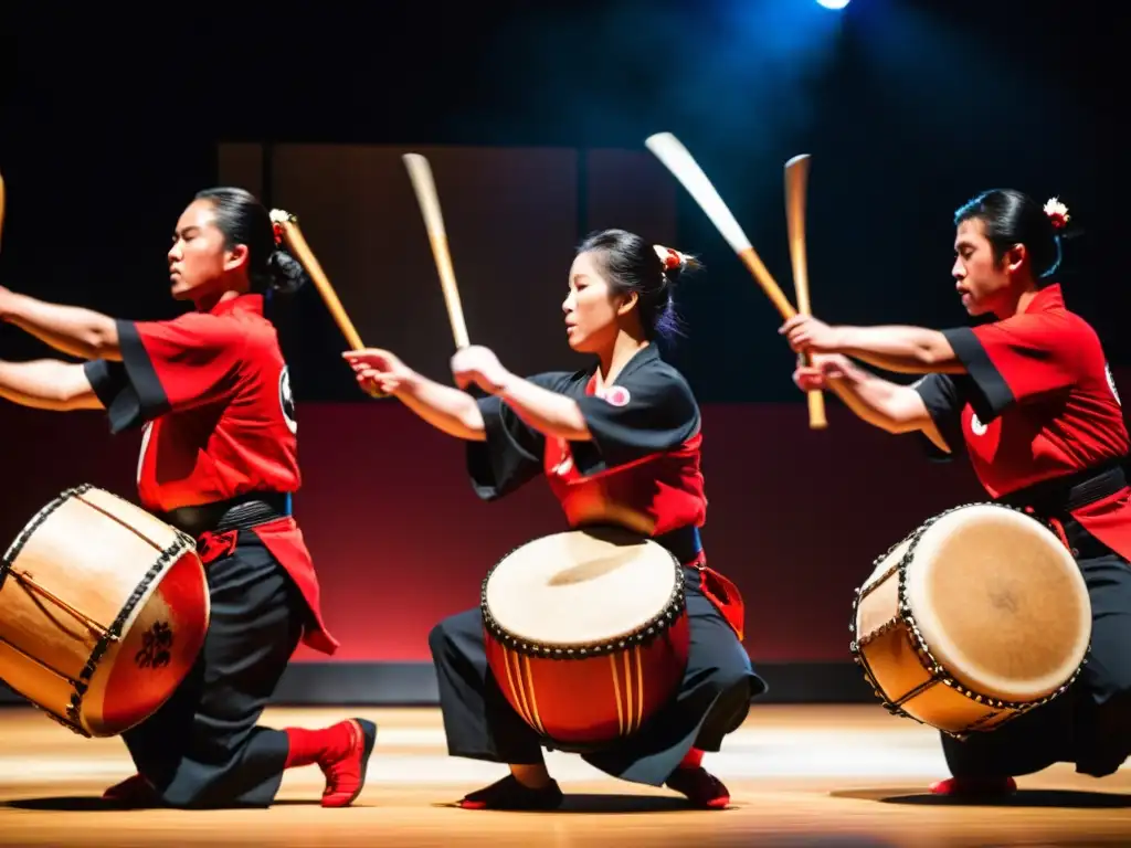 Intensidad y pasión en la construcción y significado de los tambores taiko en una actuación de taiko con vestimenta tradicional japonesa