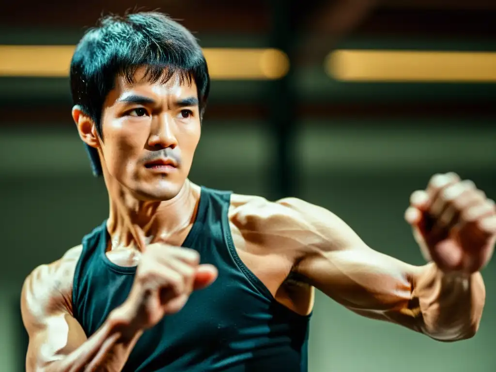 La intensidad de Bruce Lee al demostrar una técnica de Jeet Kune Do, evocando su legado en las artes marciales