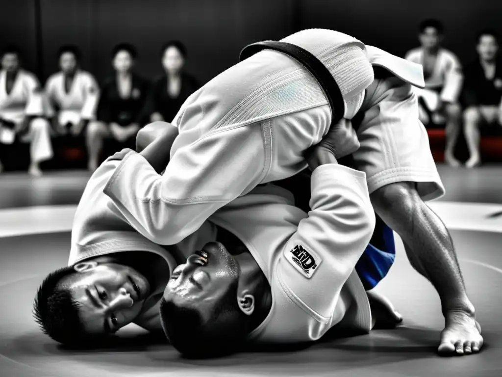 Intenso combate de judo en competiciones internacionales, mostrando la evolución del judo en competiciones con fuerza y determinación