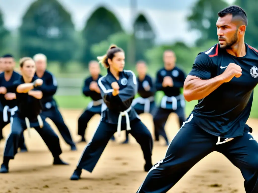 Intenso entrenamiento de Krav Magá en instalación al aire libre