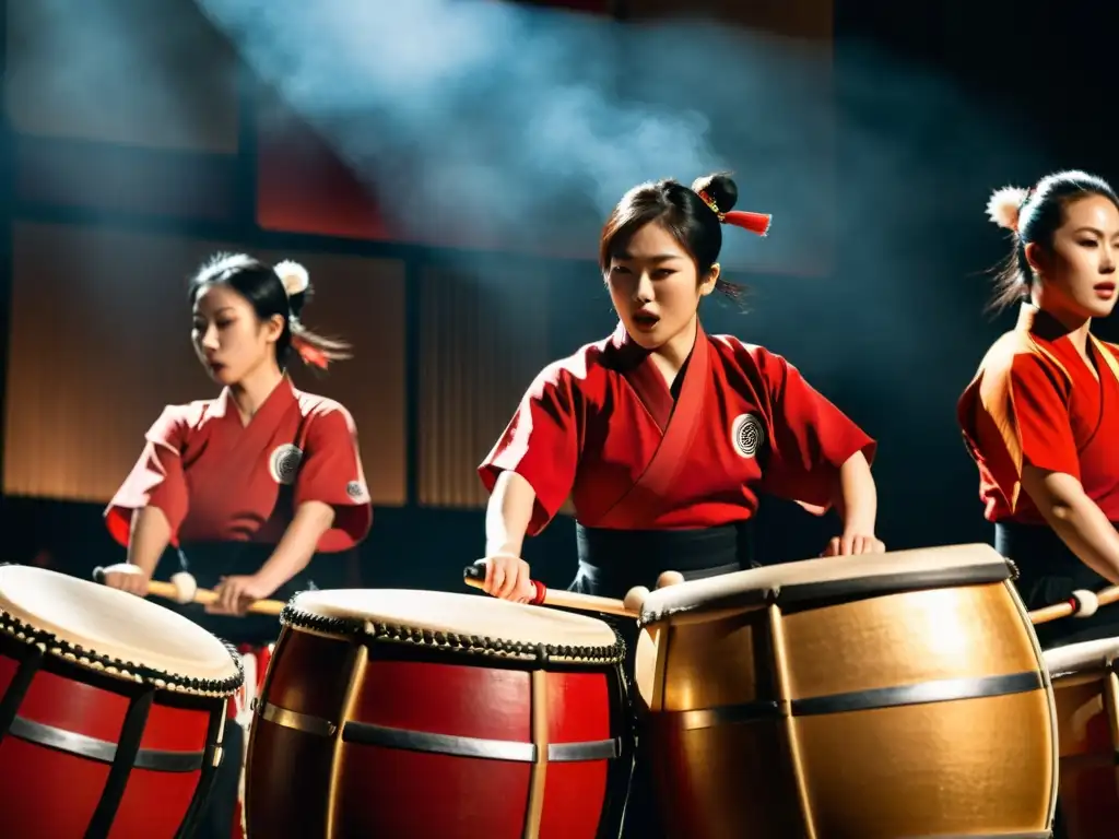 Intenso espectáculo de taiko japonés, con expresiones faciales y movimientos dinámicos de los músicos