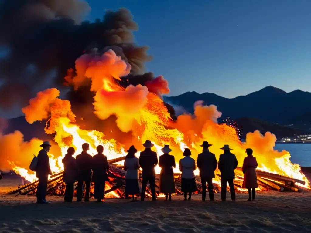 Intenso fuego naranja en festival japonés, capturando su significado cultural y belleza artística