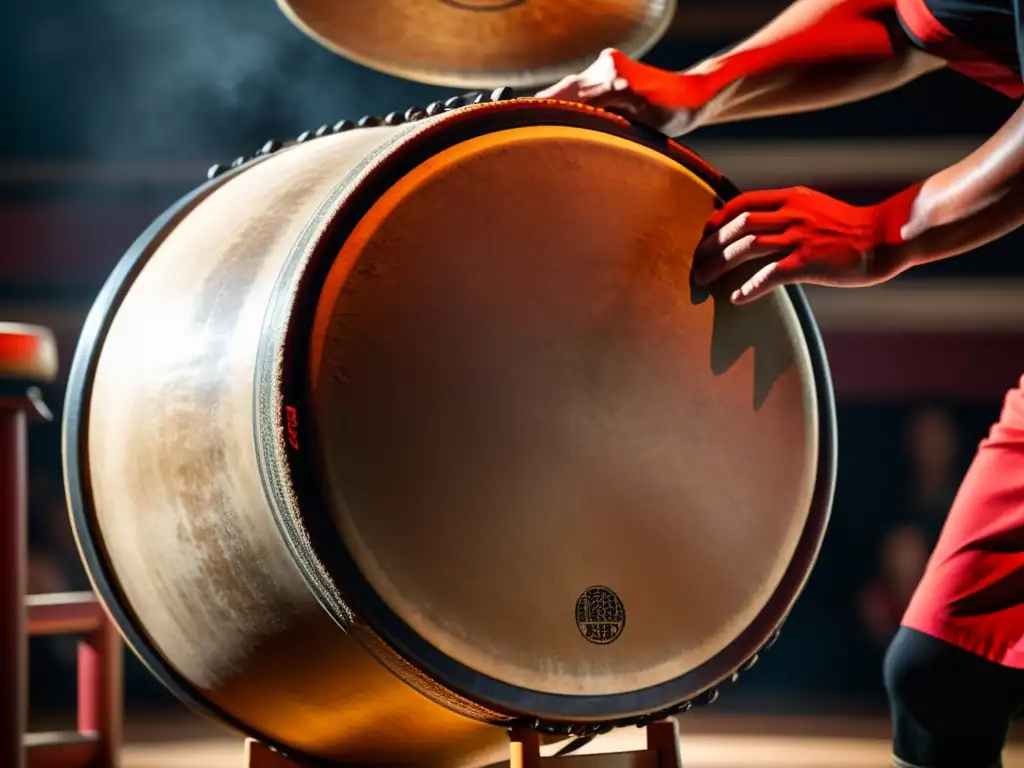 Un intenso momento de interpretación en un tambor taiko japonés, resaltando la energía dinámica