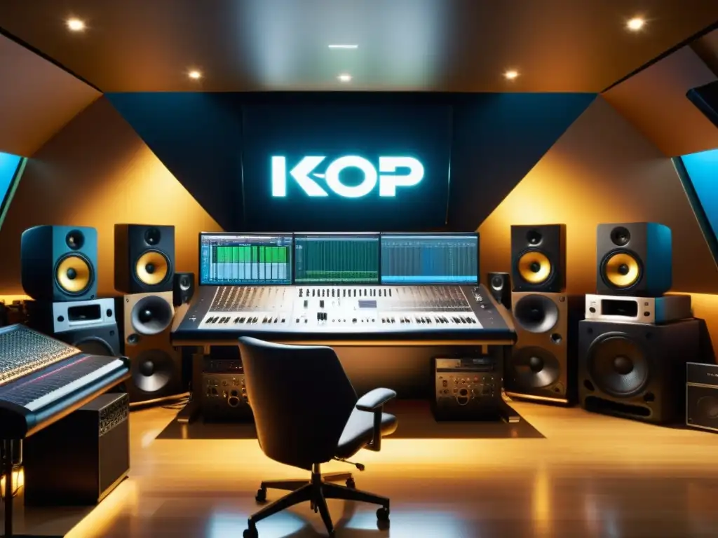 Intenso proceso creativo en estudio de producción de KPop, con equipo de audio, consolas de mezcla e instrumentos musicales