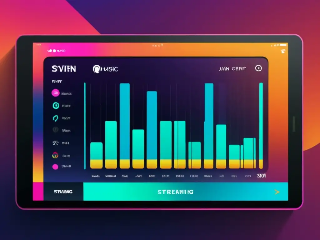 Interfaz futurista de streaming de música asiática y tecnología, fusionando instrumentos tradicionales y visualizaciones avanzadas