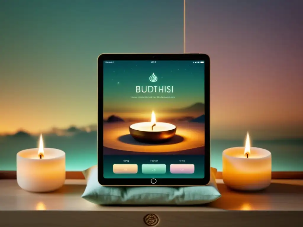 Interfaz minimalista de app, con espacio de meditación budista digital, evocando paz y tranquilidad