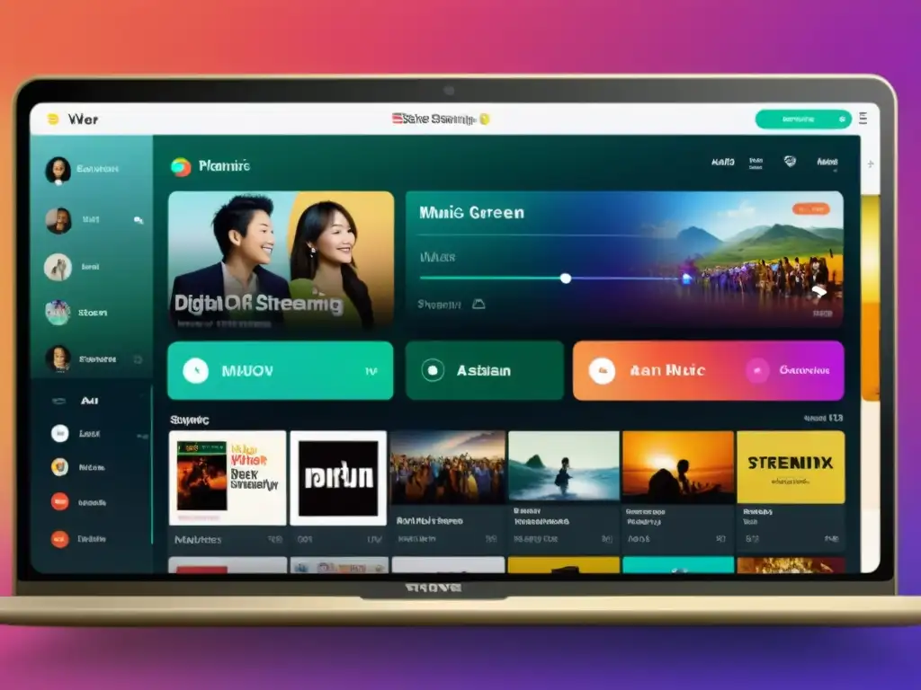Interfaz de streaming con música asiática y tecnología innovadora, mostrando diversidad de géneros y gráficos de impacto global