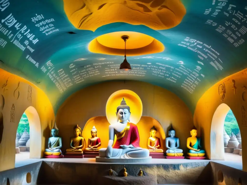 Interior de las Cuevas Sagradas en Sri Lanka, con frescos y estatuas de Buda doradas, monjes en oración y una atmósfera mística y serena en Asia