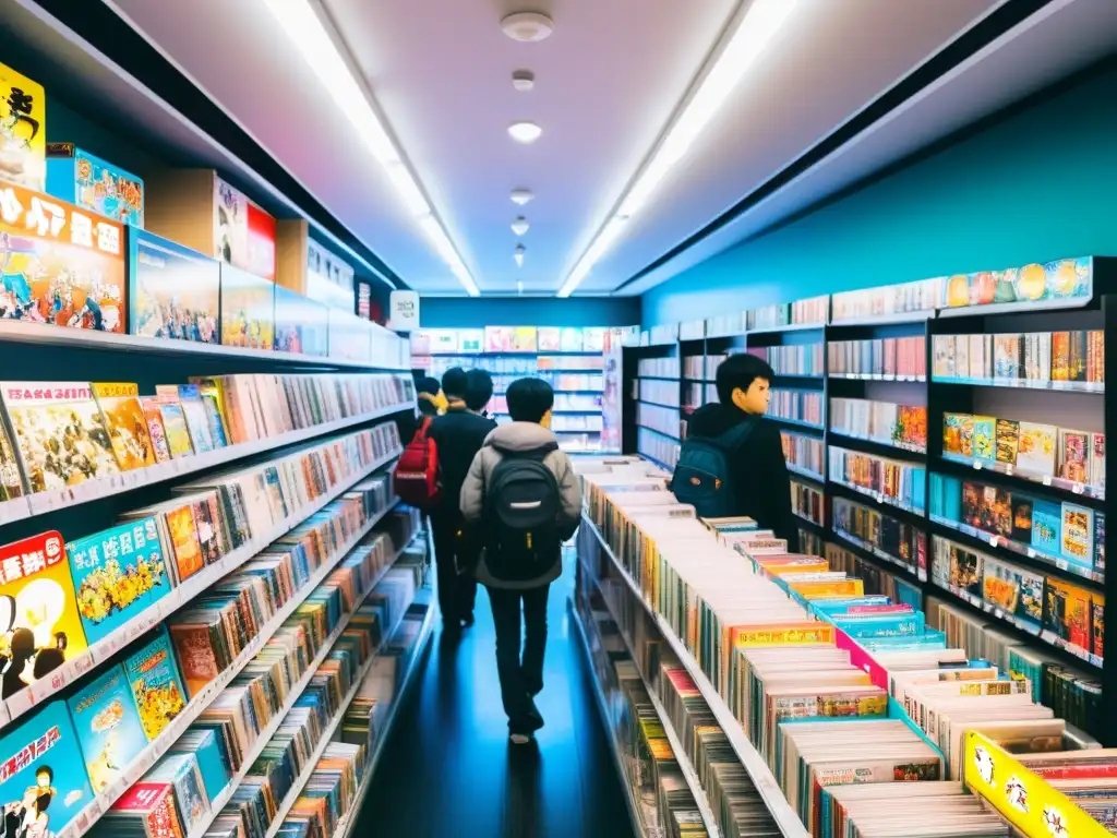 Interior detallado de una tienda de manga en Akihabara, Tokyo, con estantes repletos de volúmenes coloridos, letreros de neón y clientes entusiastas