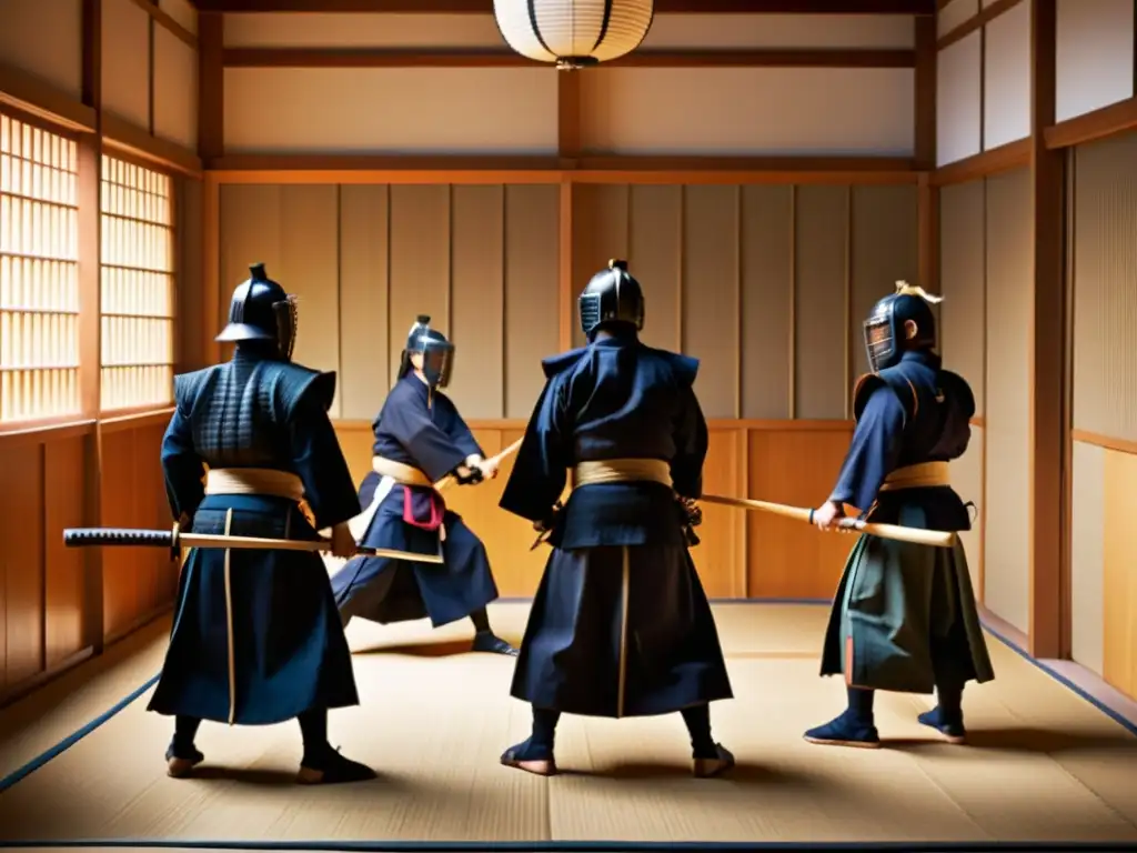 Interior de dojo de kendo con practicantes en plena sesión de entrenamiento, evocando la herencia samurái artes marciales