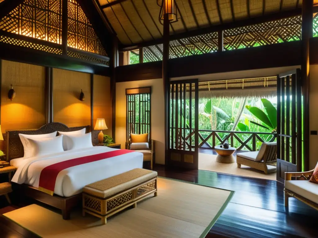 Interior lujoso del resort Bambu Indah en Bali, Indonesia