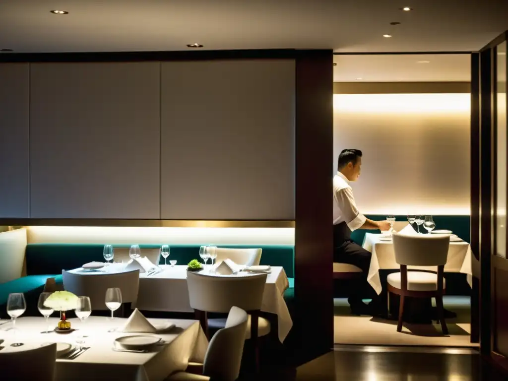 Interior lujoso de restaurante con estrellas Michelin en Asia, sofisticado y elegante ambiente de alta cocina