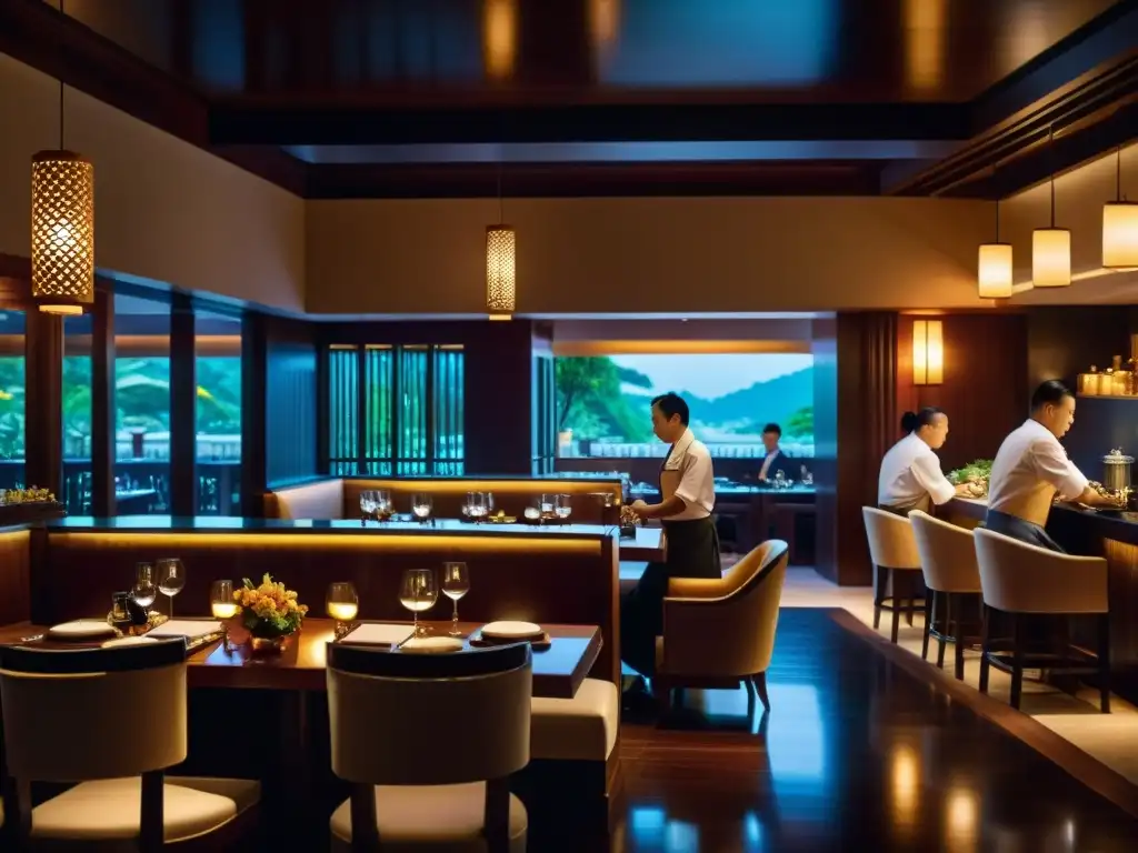 Interior lujoso de un restaurante con Estrellas Michelin en Asia, con chefs trabajando y clientes disfrutando platos exquisitos