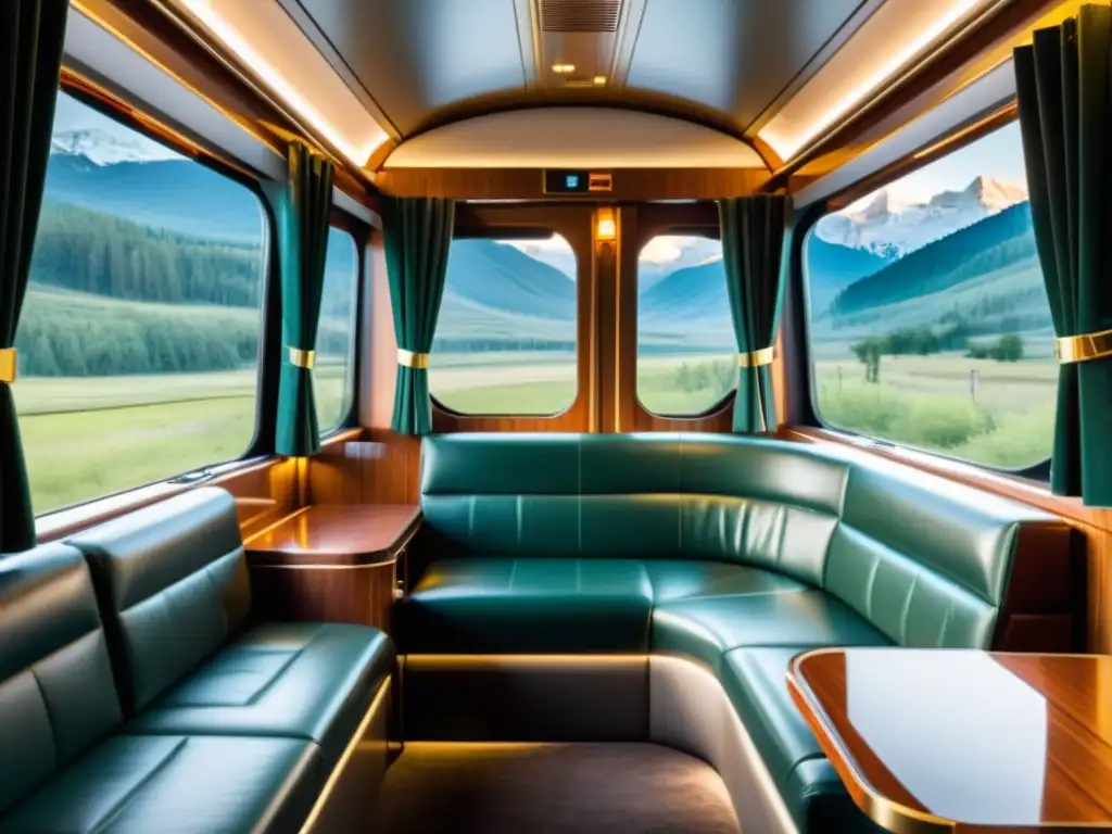 Interior lujoso del Tren Transiberiano, con asientos de cuero, madera elegante y vistas impresionantes de paisajes rusos