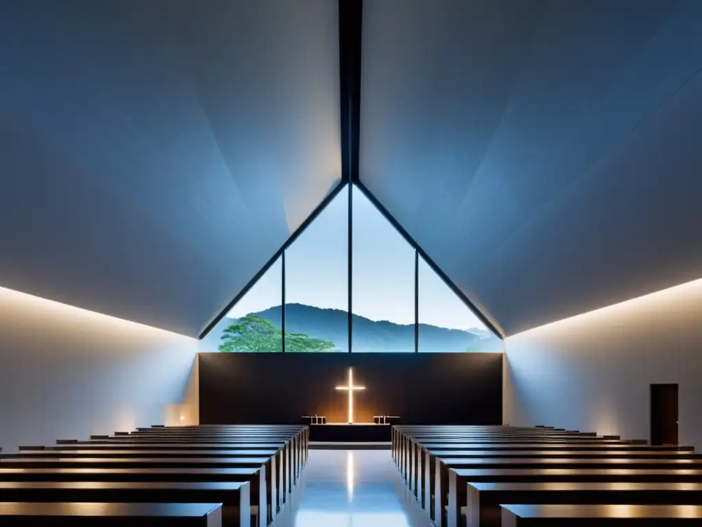 Interior minimalista y sereno de la Iglesia de la Luz en Osaka, Japón, reflejando los Principios Zen en arquitectura japonesa